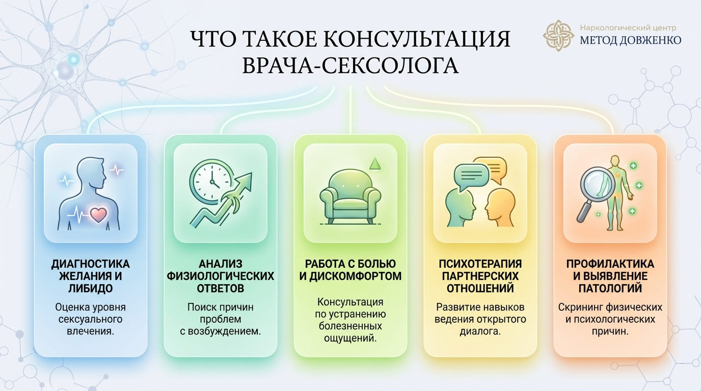 Инфографика с пятью направлениями консультации сексолога: диагностика либидо, анализ, работа с болью, терапия отношений, профилактика.